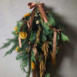 Fresh Door Swag Contemporary Xmas Swag, Front Foliage Decor, Dried Orange Ribbon Wreath, Christmas Foliage, Jingle Bells - thumbnail 2