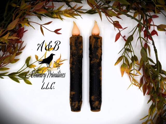 Set Of - 2 Two Black Grungy 7 Inch Led Wax Dipped Taper Candles With Timer, Battery Operated Flameless Candles, Country Primitive Home Decor - image 1