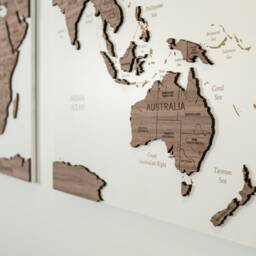 Walnut Wood World Map Wall Art - Cork Push Pin Board Travel Wall, Wooden Decor, 3 Panel Feature Art, Gift Anniversary - thumbnail 3