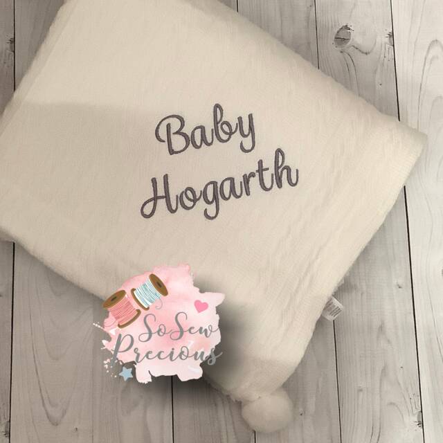 Personalised Baby Blanket, Embroidered, Cable Knit With Pom Poms & Sherpa , Personalized Baby Gift, White - image 1