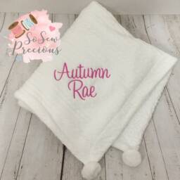 Personalised Baby Blanket, Embroidered, Cable Knit With Pom Poms & Sherpa , Personalized Baby Gift, White - thumbnail 2