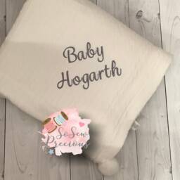 Personalised Baby Blanket, Embroidered, Cable Knit With Pom Poms & Sherpa , Personalized Baby Gift, White