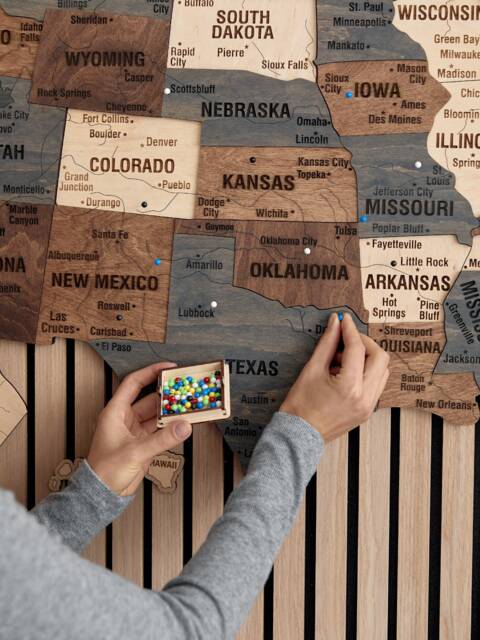 Us Wood Map Apartment Decor Travel Gifts, Push Pin 5Th Anniversary Gift Wooden Wall Art, Above Bed Of The United States - image 1