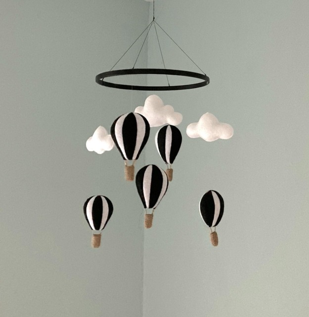 Hot Air Balloon Baby Mobile Black & White Cloud Nursery Decor Blue Green Gothic - image 1