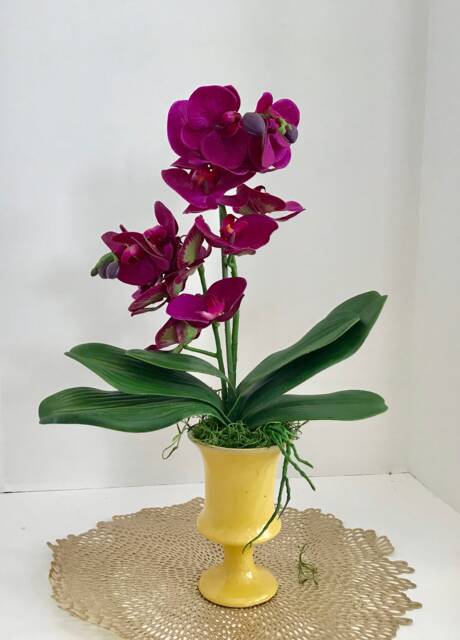 Silk Floral Arrangement With White Purple Orchids, in A Yellow Art Deco Vase - image 1
