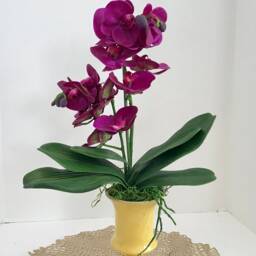 Silk Floral Arrangement With White Purple Orchids, in A Yellow Art Deco Vase - thumbnail 3
