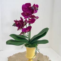 Silk Floral Arrangement With White Purple Orchids, in A Yellow Art Deco Vase - thumbnail 2