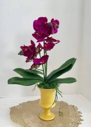 Silk Floral Arrangement With White Purple Orchids, in A Yellow Art Deco Vase - thumbnail 1