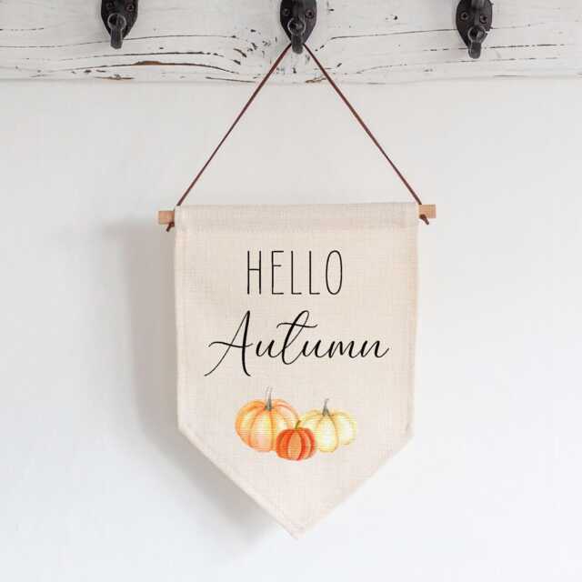 Hello Autumn Linen Flag Wall Art - Homeware Gift For Mum Daughter Sister Fall Arrival Hanging Banner Pennant Sign Rustic Pumpkin Decor - image 1