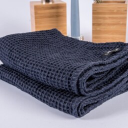 Dark Blue Washed Waffle Linen Bath Towels - thumbnail 2