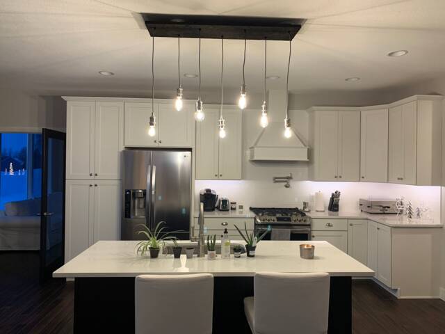 Linear Wood Chandelier Custom Made Any Colors - Kitchen Island Reclaimed Hanging Lighting 7 Modern Led Glass Pendants - image 1
