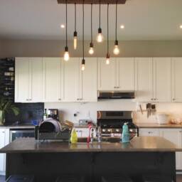 Linear Wood Chandelier Custom Made Any Colors - Kitchen Island Reclaimed Hanging Lighting 7 Modern Led Glass Pendants - thumbnail 2
