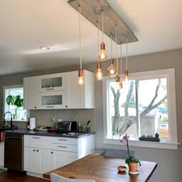 Linear Wood Chandelier Custom Made Any Colors - Kitchen Island Reclaimed Hanging Lighting 7 Modern Led Glass Pendants - thumbnail 3