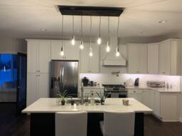 Linear Wood Chandelier Custom Made Any Colors - Kitchen Island Reclaimed Hanging Lighting 7 Modern Led Glass Pendants - thumbnail 1