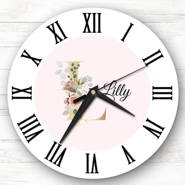 Floral Alphabet Name Initial Letter L Personalised Gift Clock - image 1