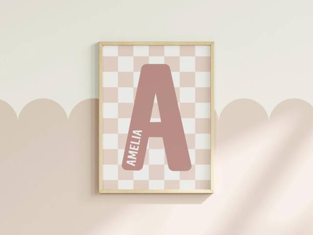 Custom Name & Initial Print - Personalised Checkerboard Sign Nursery Check Kids Bedroom Wall Decor Girls Room Unframed - image 1