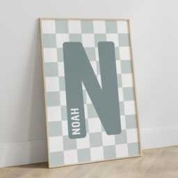 Custom Name & Initial Print - Personalised Checkerboard Sign Nursery Check Kids Bedroom Wall Decor Girls Room Unframed - thumbnail 3