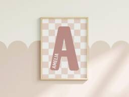 Custom Name & Initial Print - Personalised Checkerboard Sign Nursery Check Kids Bedroom Wall Decor Girls Room Unframed - thumbnail 1