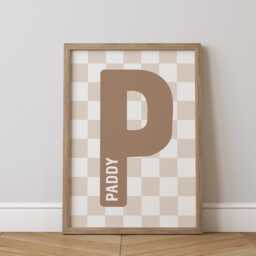 Custom Name & Initial Print - Personalised Checkerboard Sign Nursery Check Kids Bedroom Wall Decor Girls Room Unframed - thumbnail 2