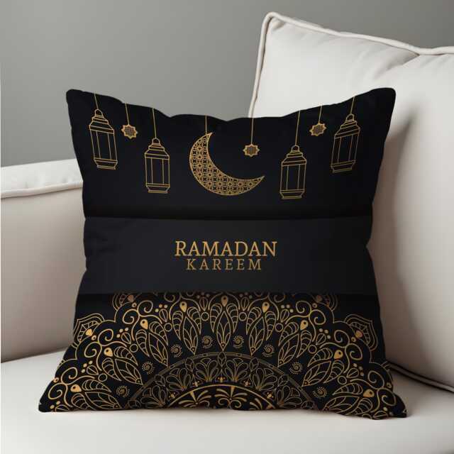 Ramadan Kareem Cushion Cover, Islamic Moon Lantern Pillowcase, Black Eid Decor Sofa Case - image 1