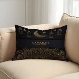 Ramadan Kareem Cushion Cover, Islamic Moon Lantern Pillowcase, Black Eid Decor Sofa Case - thumbnail 2