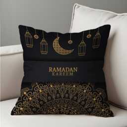 Ramadan Kareem Cushion Cover, Islamic Moon Lantern Pillowcase, Black Eid Decor Sofa Case - thumbnail 1