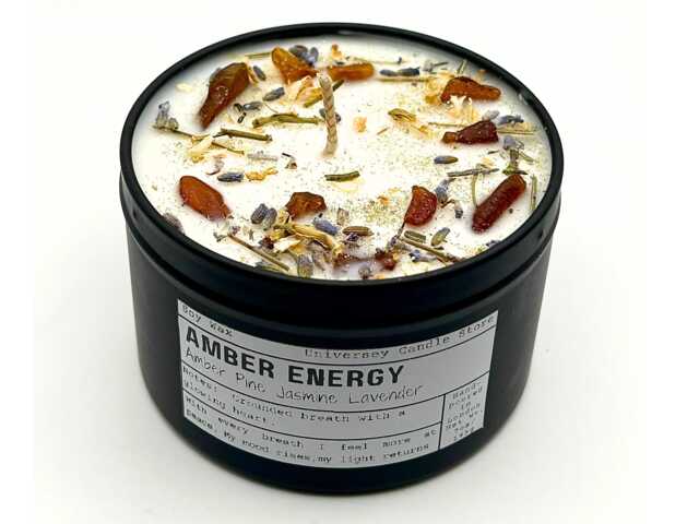 Amber Energy Candle - Baltic Intention Ritual - Natural Raw Crystal Chakra Cleansing Vegan Soy Wax Healing Christmas Gift - image 1
