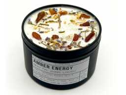 Amber Energy Candle - Baltic Intention Ritual - Natural Raw Crystal Chakra Cleansing Vegan Soy Wax Healing Christmas Gift - thumbnail 1