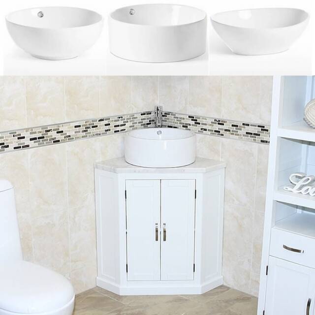 White Painted Bathroom Vanity Unit Corner Wash Stand Marble & Ceramic Basin 501Bpwmcbc - image 1