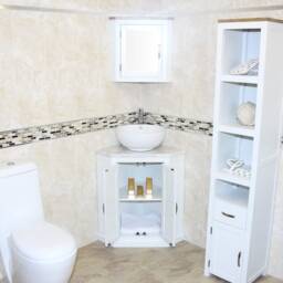 White Painted Bathroom Vanity Unit Corner Wash Stand Marble & Ceramic Basin 501Bpwmcbc - thumbnail 2