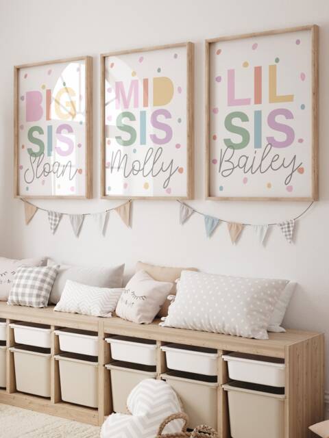 Set Of 3 Nursery Prints, Big Sis Mid Lil Sisters Bedroom, Decor, Personalised Rainbow Print, Siblings Wall Art - image 1