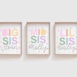 Set Of 3 Nursery Prints, Big Sis Mid Lil Sisters Bedroom, Decor, Personalised Rainbow Print, Siblings Wall Art - thumbnail 2