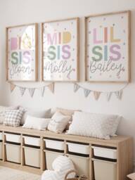 Set Of 3 Nursery Prints, Big Sis Mid Lil Sisters Bedroom, Decor, Personalised Rainbow Print, Siblings Wall Art - thumbnail 1