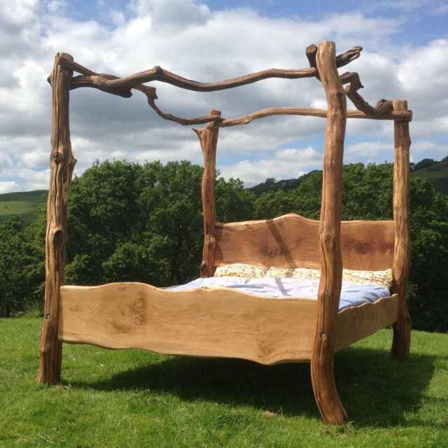 Rustic Oak Four Poster Tree Bed - Natural Branch Posts Canopy Handmade Solid King Double Wales UK