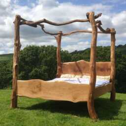 Rustic Oak Four Poster Tree Bed - Natural Branch Posts Canopy Handmade Solid King Double Wales UK