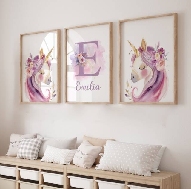 Set Of 3, Unicorn Prints, Personalised, Girl Bedroom Decor, Wall Art, Boho, Theme, Girls Bedroom, Pink Nursery - image 1