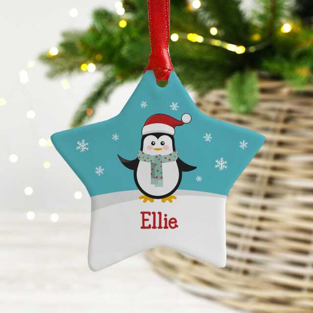 Personalised Penguin Christmas Ornament Ceramic Star Bauble - image 1