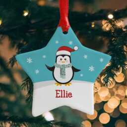 Personalised Penguin Christmas Ornament Ceramic Star Bauble - thumbnail 4