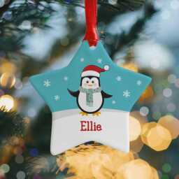 Personalised Penguin Christmas Ornament Ceramic Star Bauble - thumbnail 2