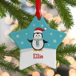 Personalised Penguin Christmas Ornament Ceramic Star Bauble - thumbnail 3