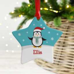Personalised Penguin Christmas Ornament Ceramic Star Bauble
