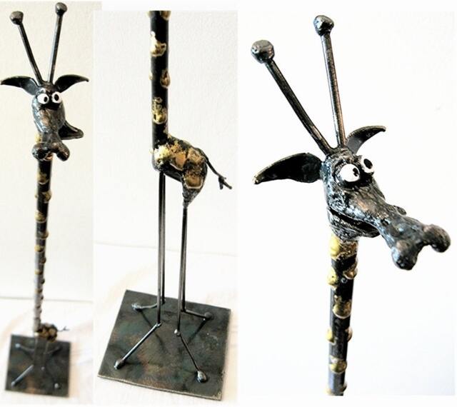 Tall Giraffe Sculpture Made From Recycled Steel With Brass Markings - image 1