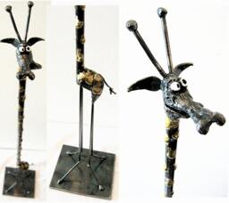 Tall Giraffe Sculpture Made From Recycled Steel With Brass Markings