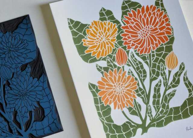 Calendula Linocut Art Print - Marigold Garden Flower On Cotton Paper, A5 Or A4, Signed - image 1
