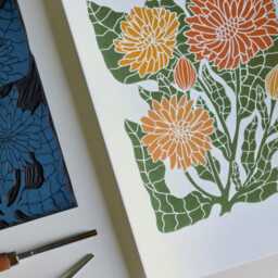 Calendula Linocut Art Print - Marigold Garden Flower On Cotton Paper, A5 Or A4, Signed - thumbnail 2