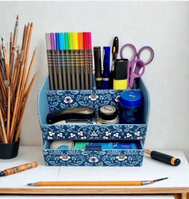 Handmade William Morris Eyebright Desk Tidy Fabric Stationery Organiser With Drawer - image 1