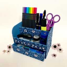 Handmade William Morris Eyebright Desk Tidy Fabric Stationery Organiser With Drawer - thumbnail 3