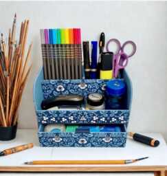 Handmade William Morris Eyebright Desk Tidy Fabric Stationery Organiser With Drawer