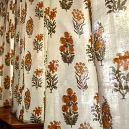 Handmade Cotton Block Print Orange Green Lilies & Wildflowers Elegant Window Valances For Bedroom & Living Room Classic Home Decor Accent - thumbnail 1
