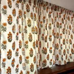 Handmade Cotton Block Print Orange Green Lilies & Wildflowers Elegant Window Valances For Bedroom & Living Room Classic Home Decor Accent - thumbnail 2